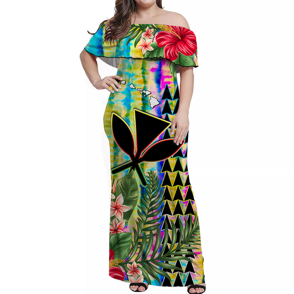 Off-shoulder long dress in multicolor tie-dye with tropical floral and tribal cat print