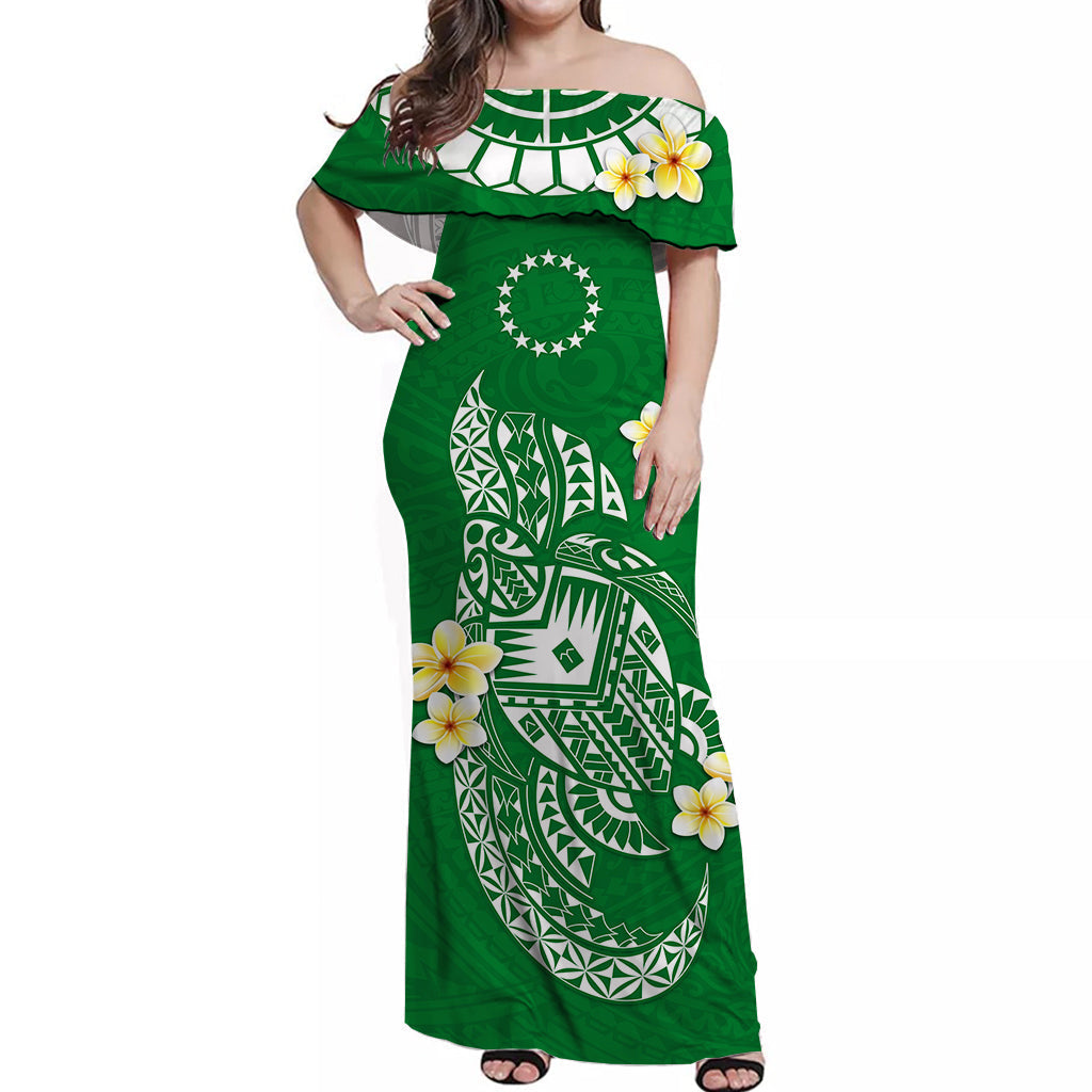 Green off-shoulder maxi dress with white turtle star Tatau print