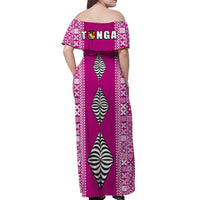 Purple off-shoulder long dress, back view, TONGA text and tribal diamond prints