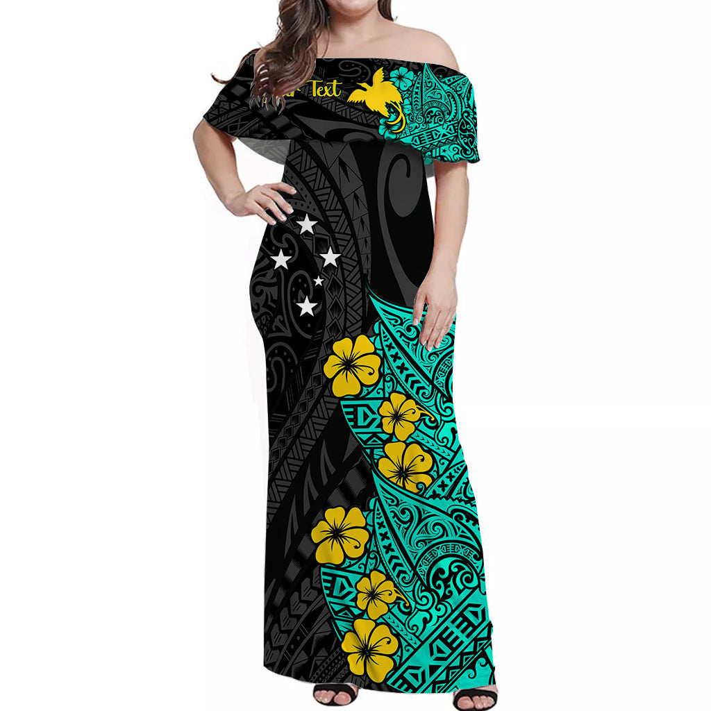 Off-shoulder long dress: black with turquoise accents and yellow floral bird print.