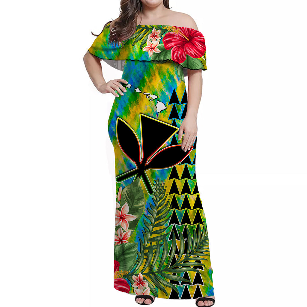 Off-shoulder long dress with rainbow tie-dye, hibiscus flowers & tribal geometric print