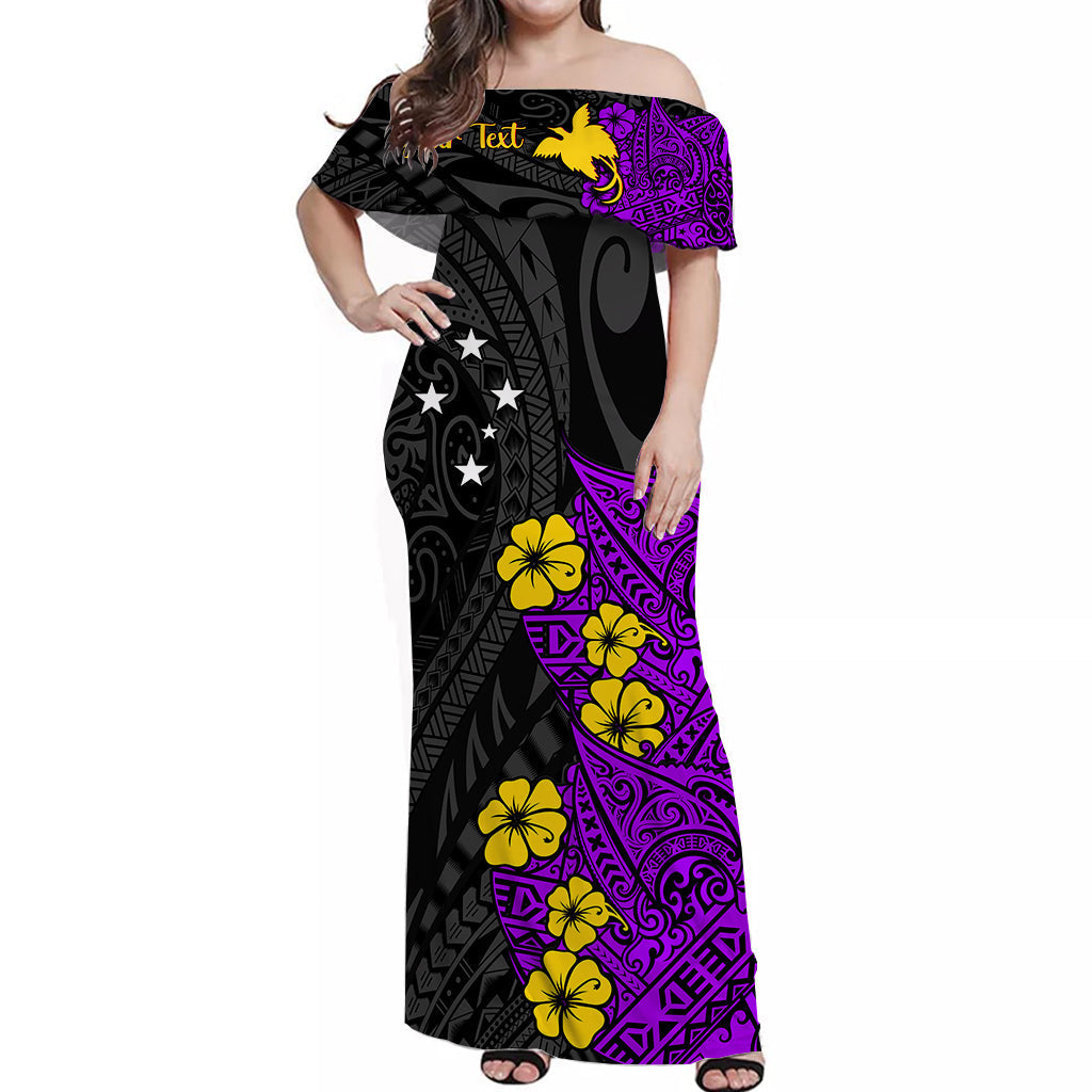 Off-shoulder long dress in black and purple with yellow floral print and bird motif