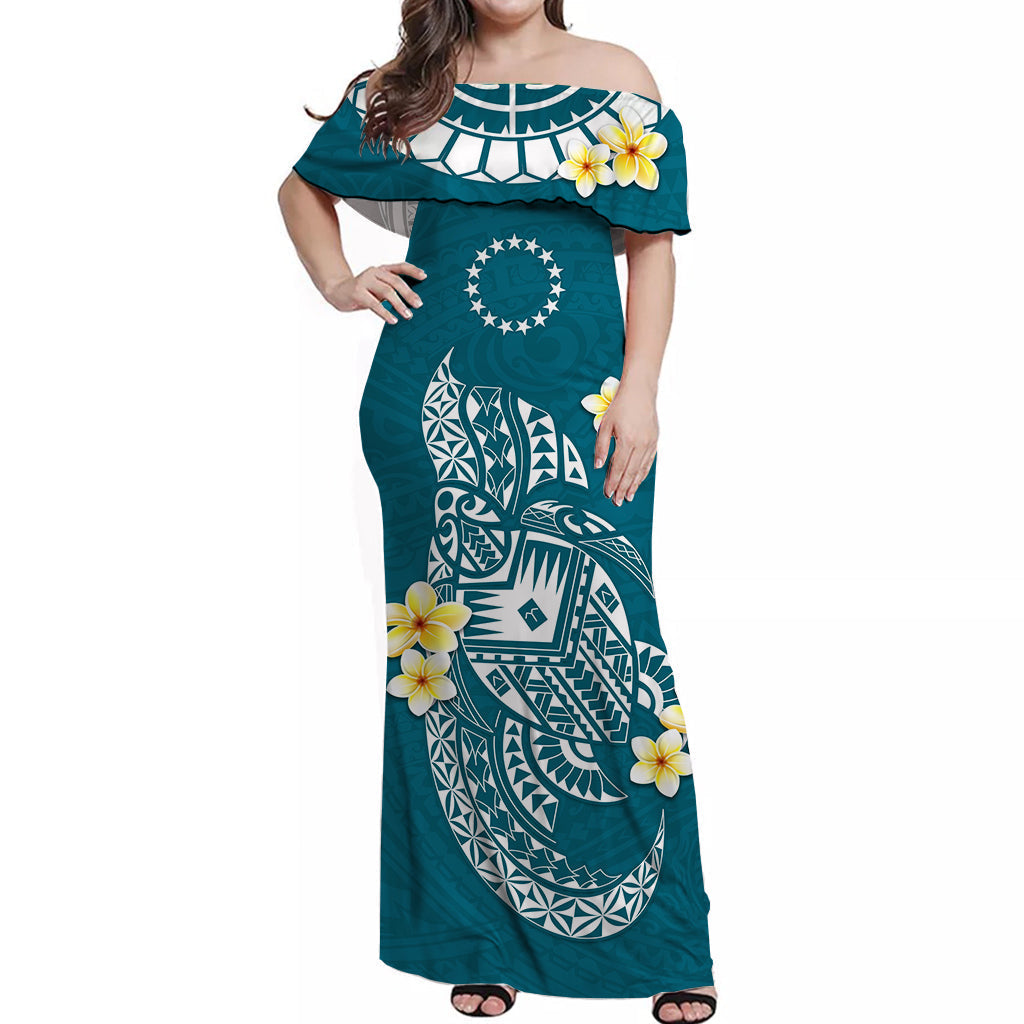 Blue off-shoulder long dress with star and turtle-style Polynesian patterns, flowers