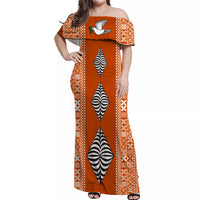 Women’s orange off-shoulder long dress with white-and-black geometric motifs and bird print