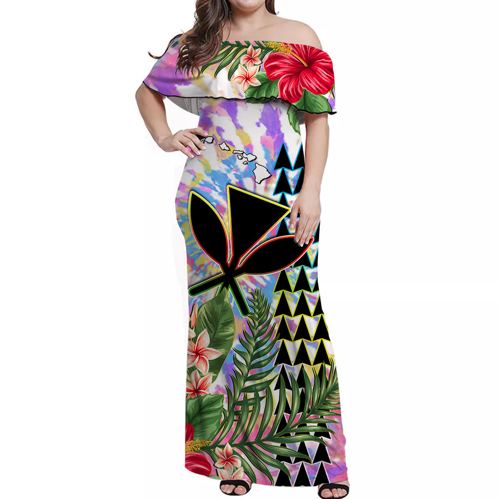 Off-shoulder long dress, multicolor rainbow tie-dye with hibiscus and tribal pattern