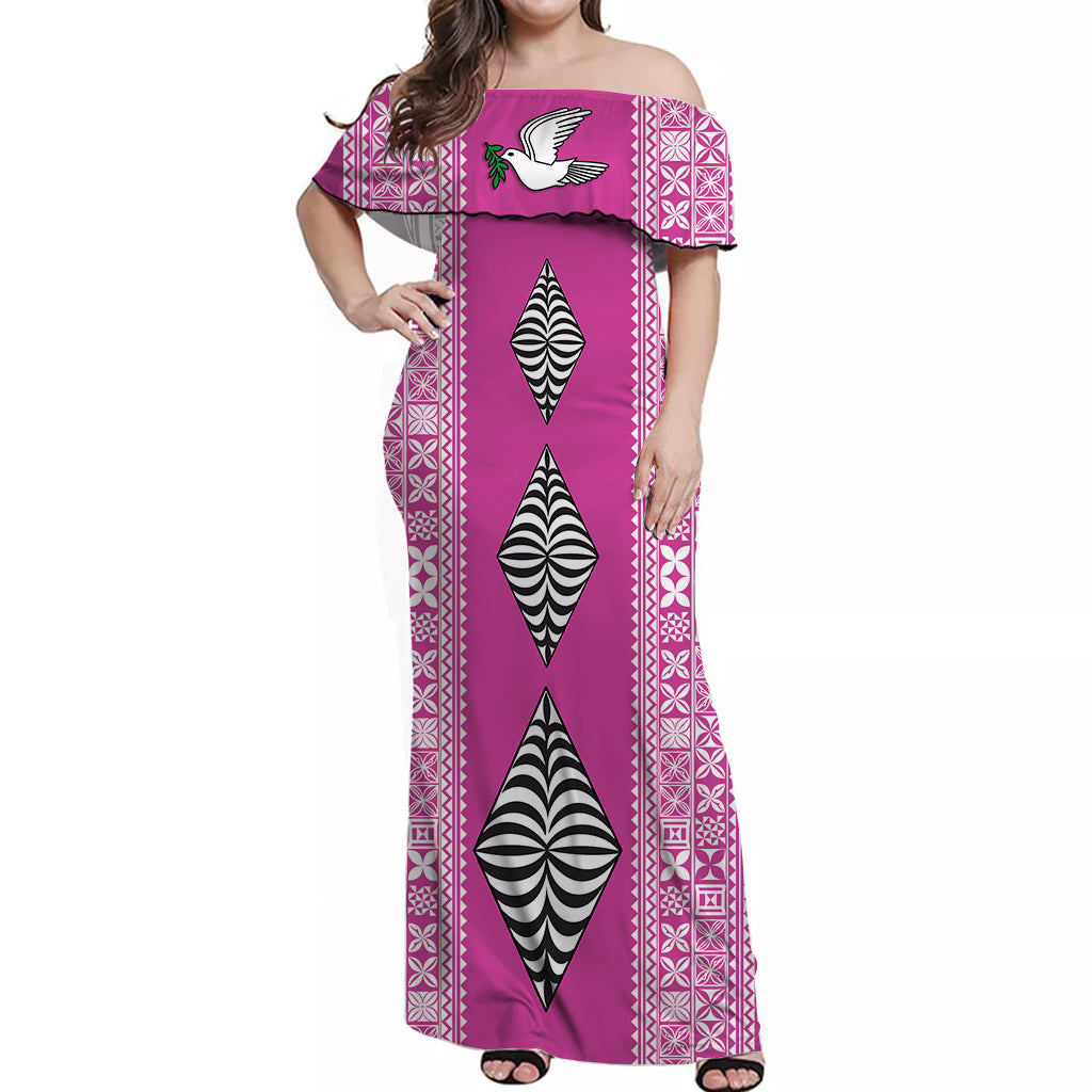 Pink off-shoulder long dress with geometric border and black-and-white diamond motifs