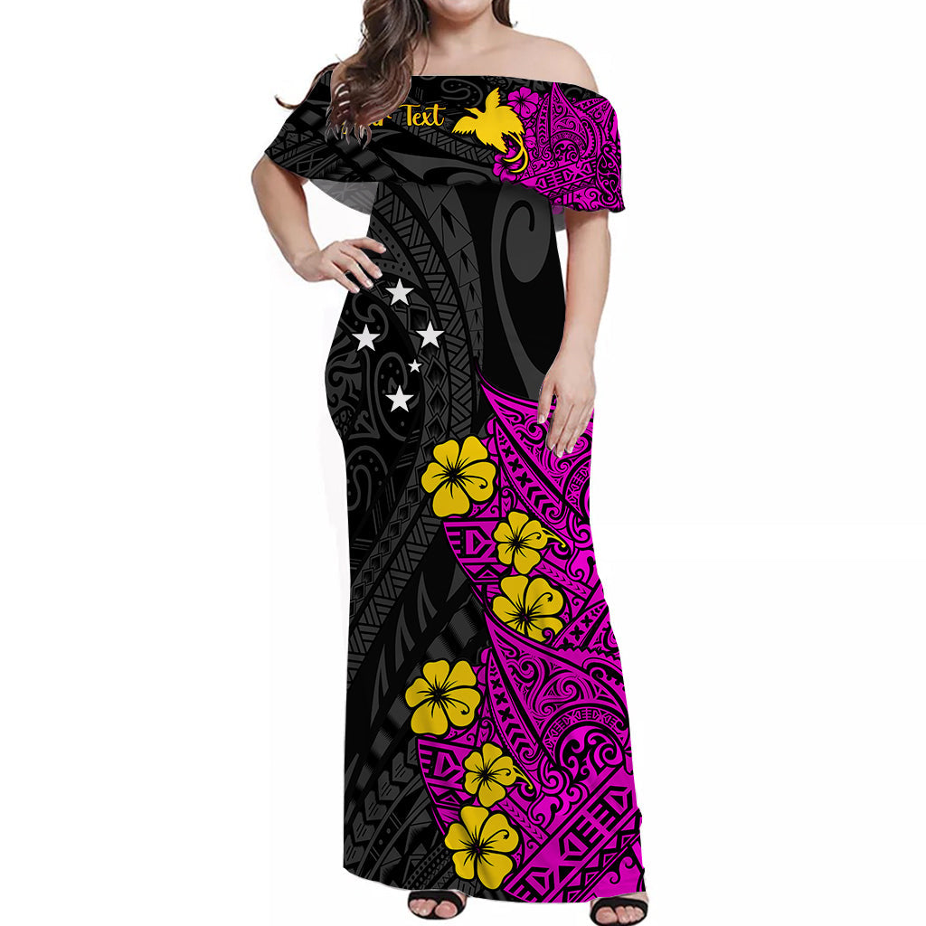 Off-shoulder long dress, black with purple/pink trim and yellow floral bird print