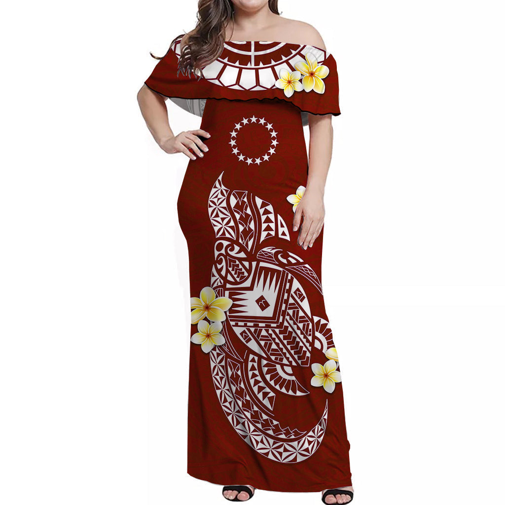 Red off-shoulder long dress with white Polynesian tattoo-style symbols and star circle