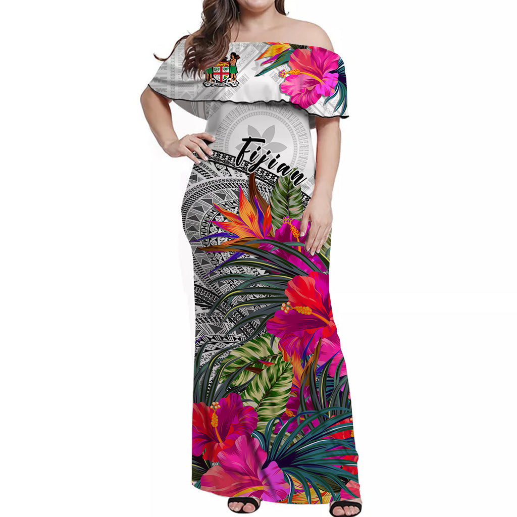 White off-shoulder long dress with colorful hibiscus and tapa-style print