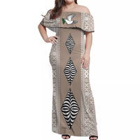 Cream off-shoulder long dress with flutter sleeves and Polynesian geometric diamond print