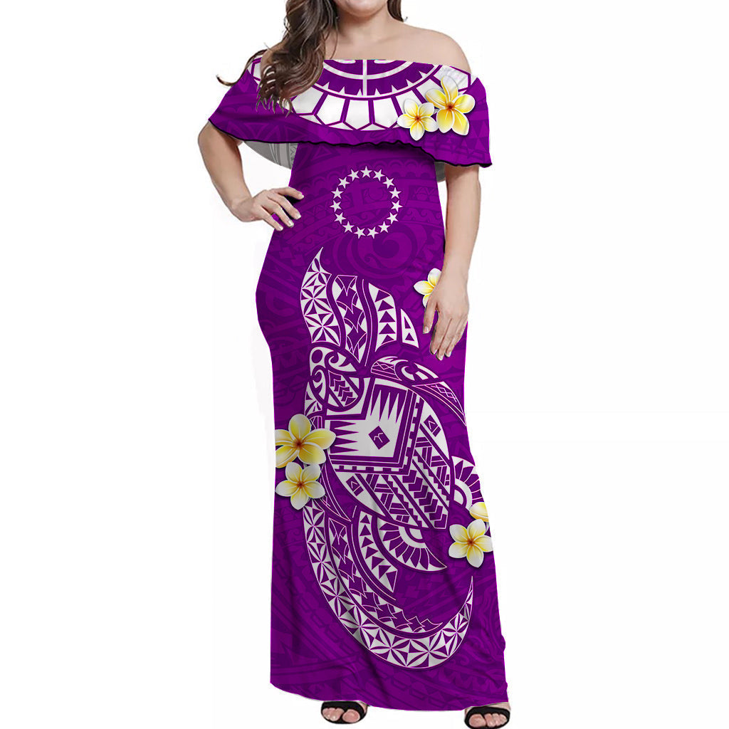 Lila Off-Shoulder-Langkleid mit Rüschen, weißem Sternkreis- und Schildkrötenmuster