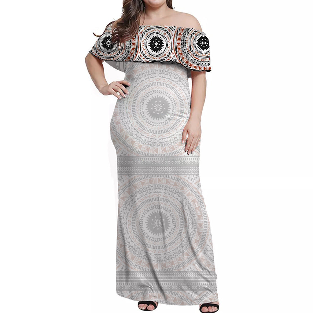 Women’s off-shoulder long dress, white with circular geometric tapa print