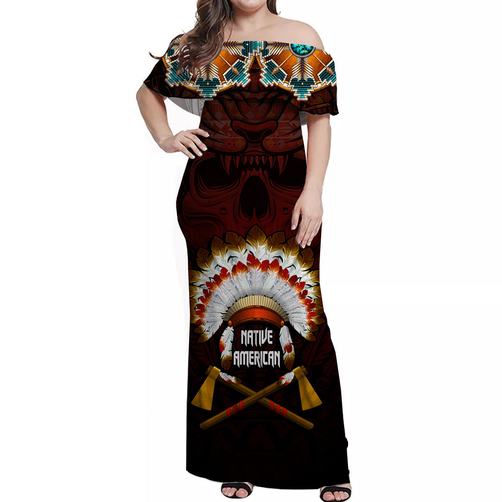 Black off-shoulder long dress with Native-inspired headpiece and skull graphic