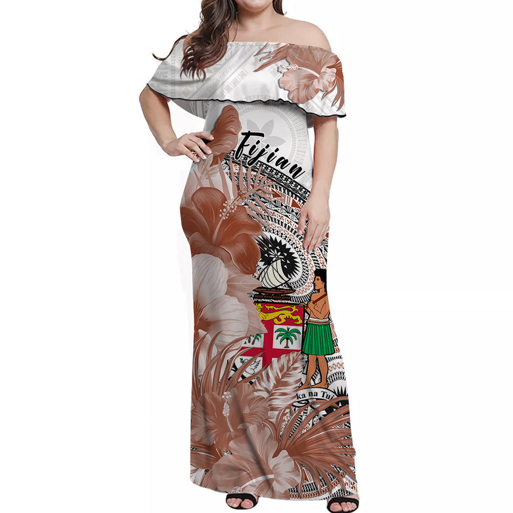 Damen Off-Shoulder Maxikleid, weißes Tapa-Design mit Hibiskus und Rüschen