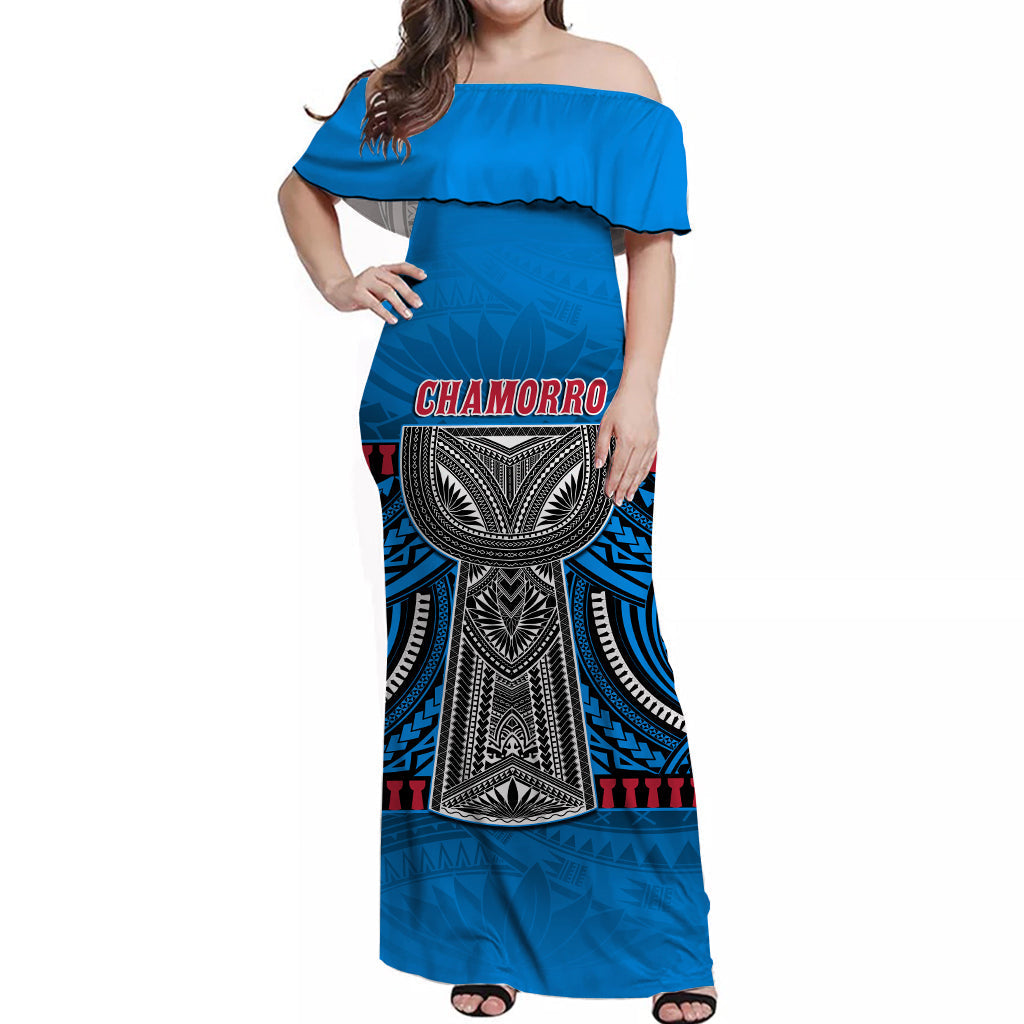 Blue off-shoulder long dress for women, 'Chamorro' print with geometric tribal pattern