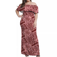 Off-shoulder long dress, maroon pink turtle print, front view
