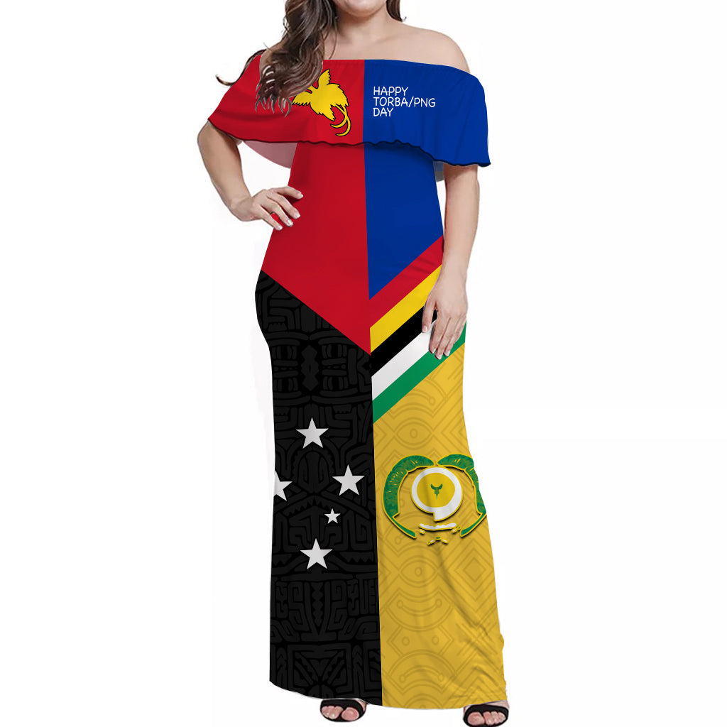 Women’s off-shoulder long dress with multicolor geometric Polynesian print, red blue yellow
