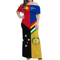 Women’s off-shoulder long dress with multicolor geometric Polynesian print, red blue yellow