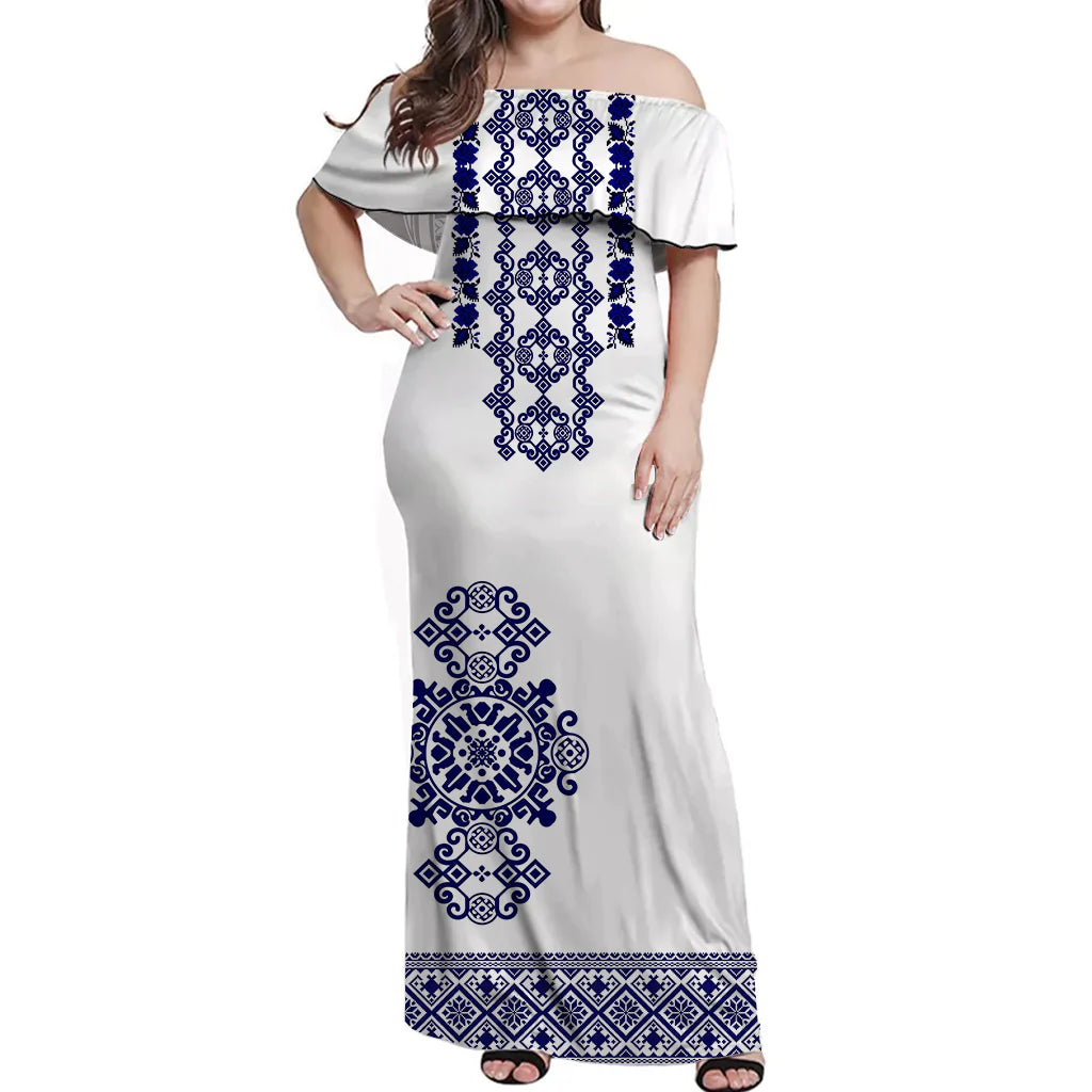 White off-shoulder long dress with blue folk embroidery and short flared sleeves