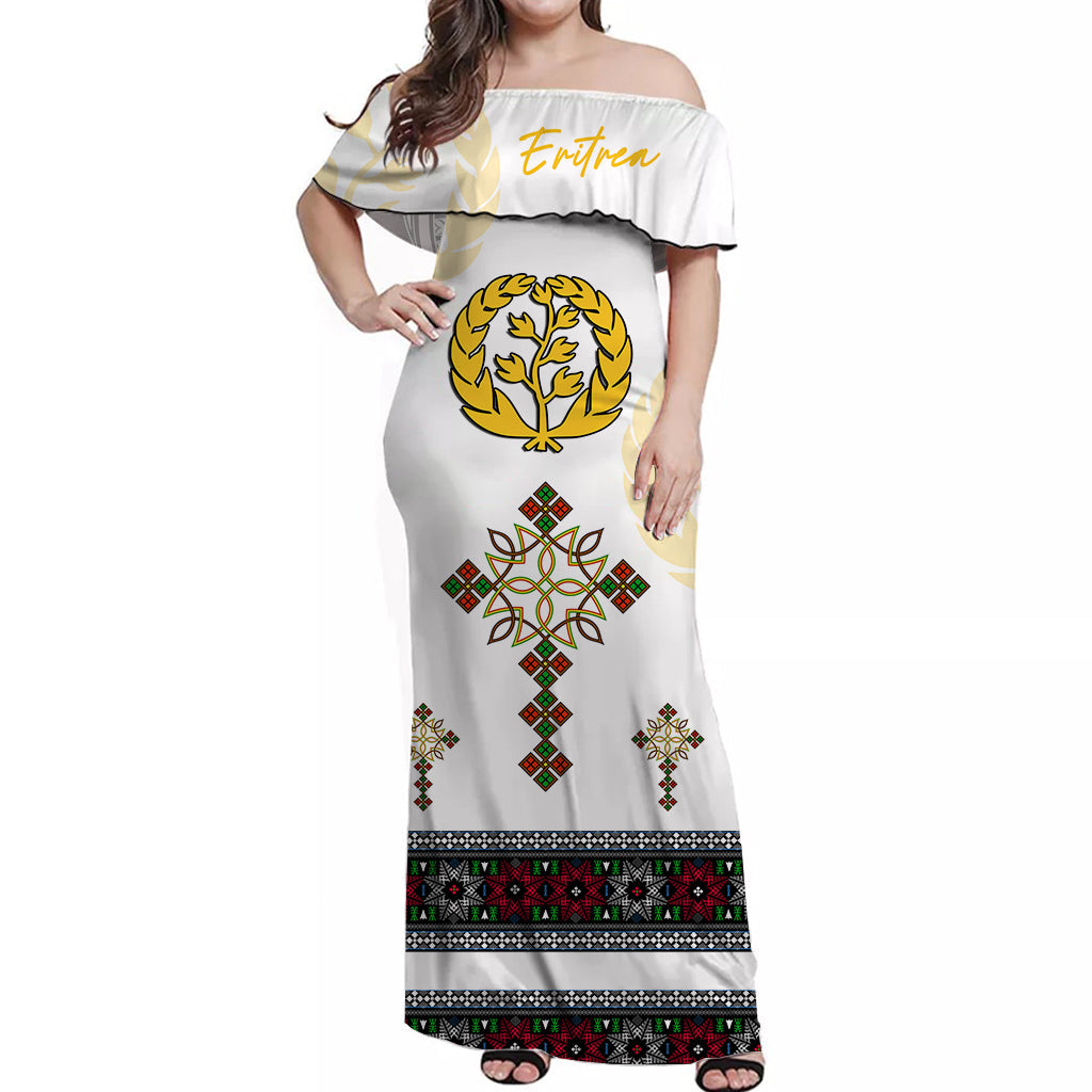 White off-shoulder long dress with Eritrean laurel tree and cross print, maxi length