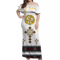 White off-shoulder long dress with Eritrean laurel tree and cross print, maxi length
