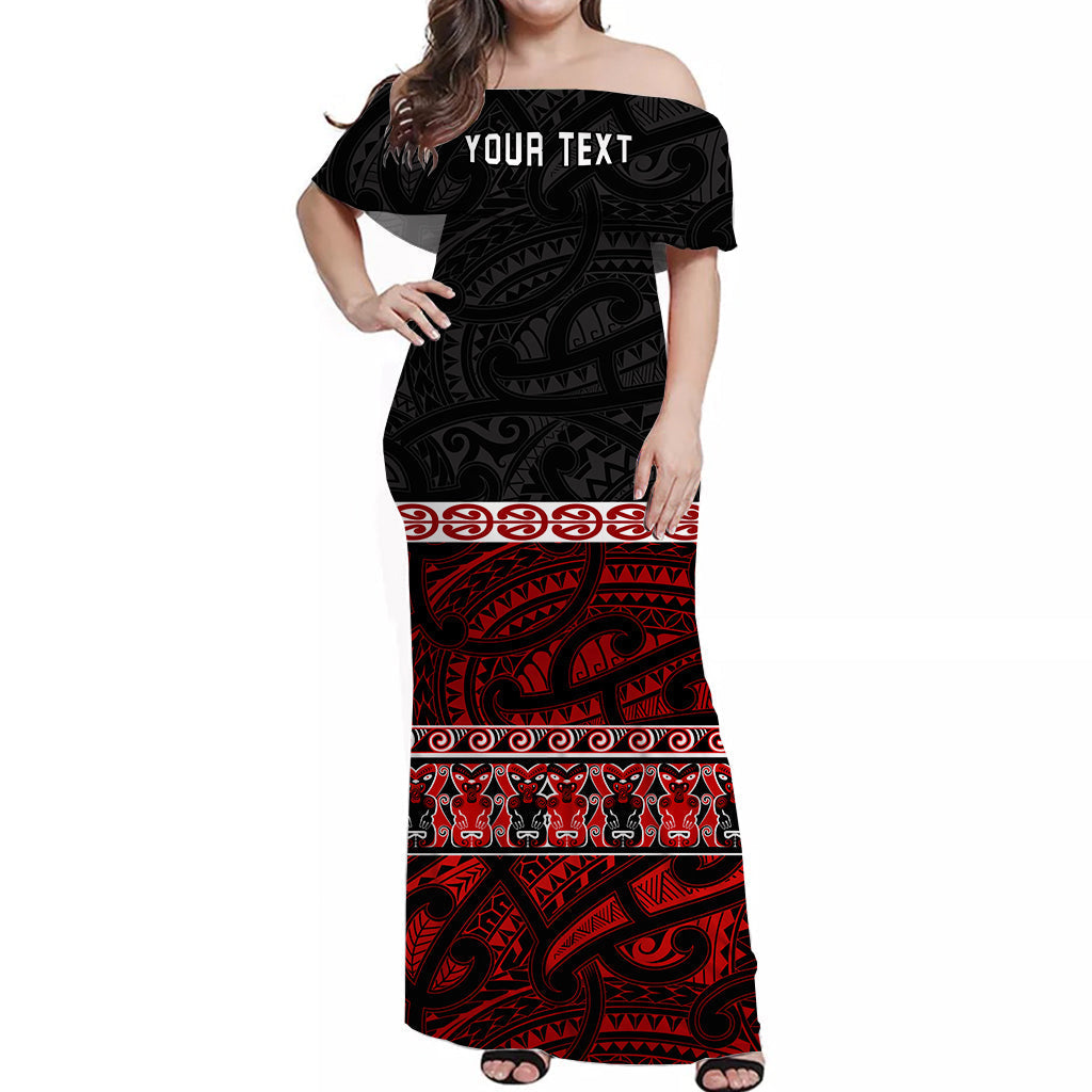 Off-shoulder long dress with black and red tribal pattern, short sleeves