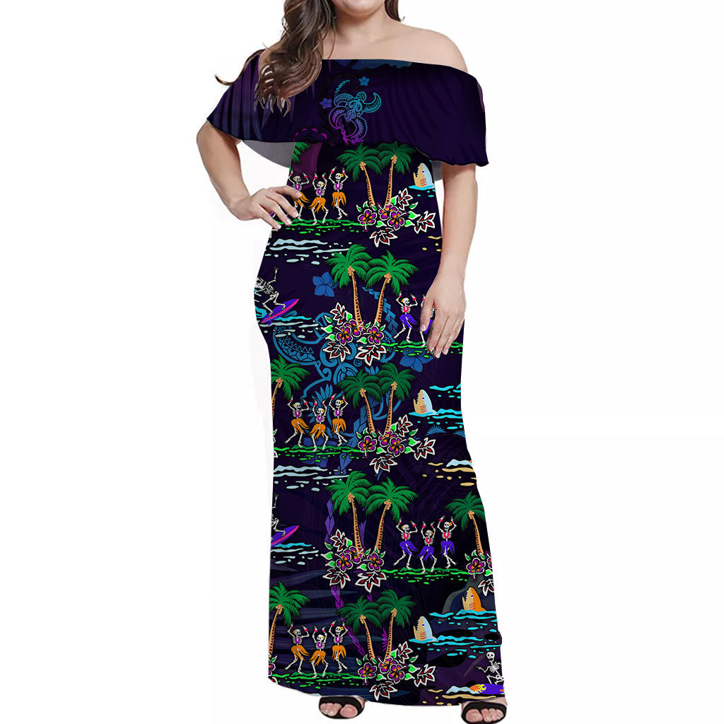 Off-shoulder long purple dress with colorful Polynesian scene, dancing figures and palms