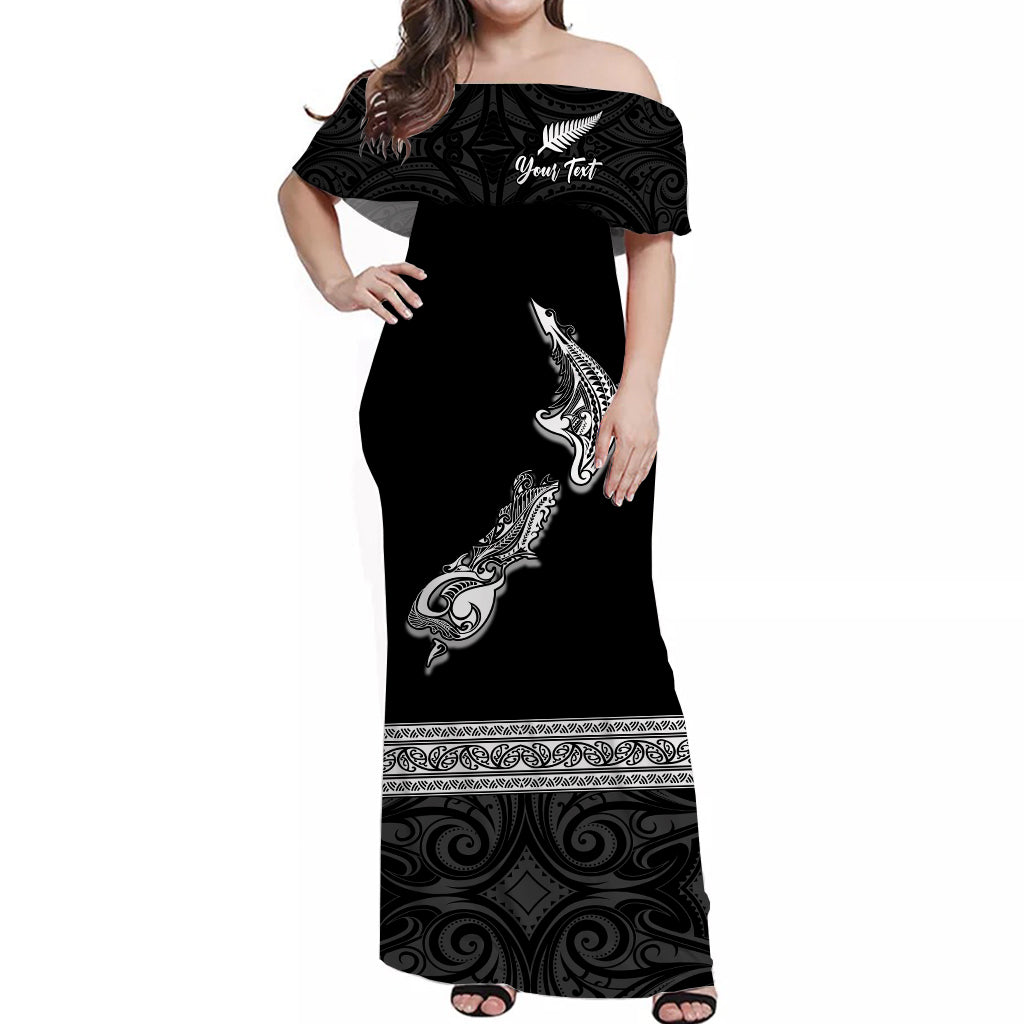 Off-shoulder long dress, black with white tribal fern pattern and border hem