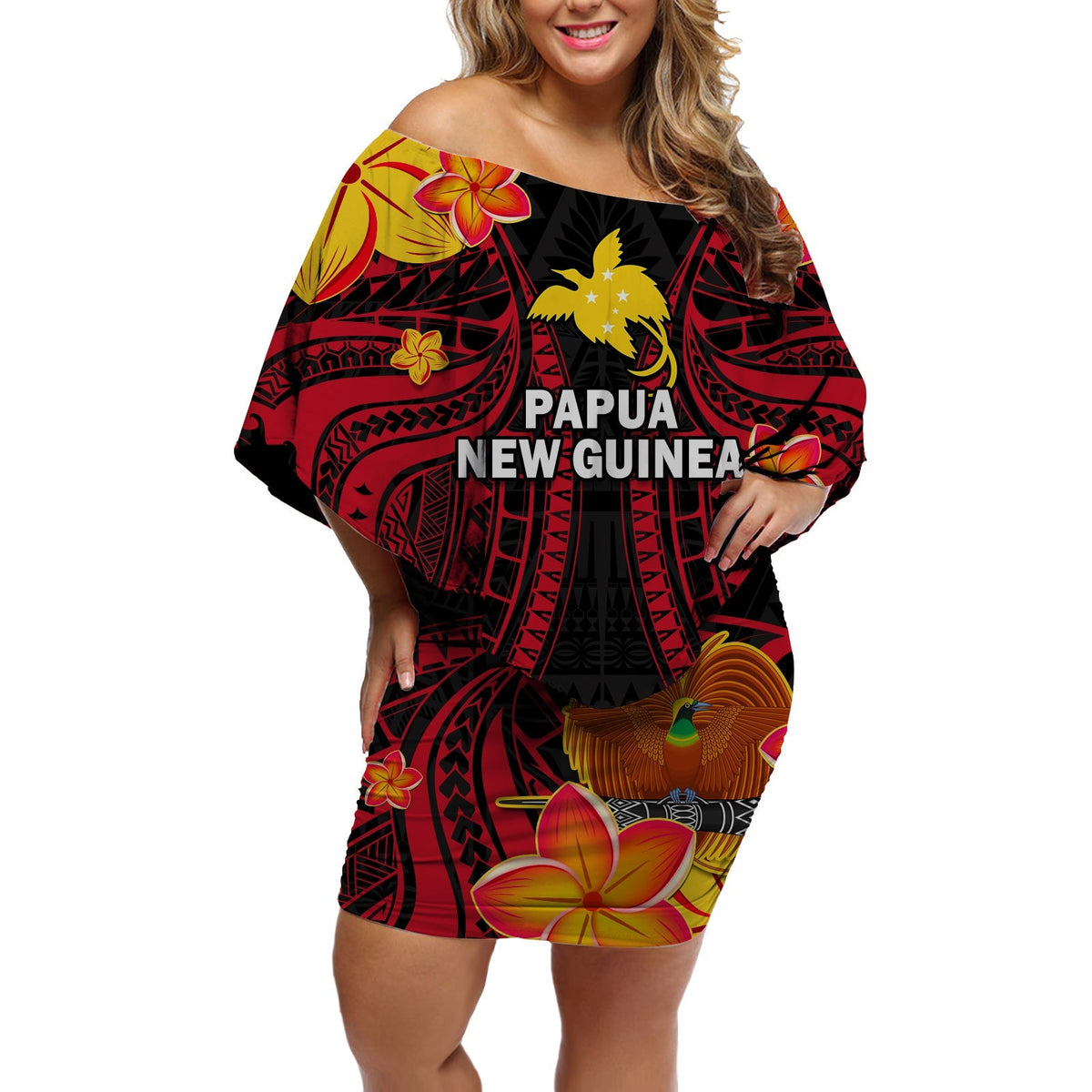 Off-shoulder short dress, black with red tribal bird print and Papua New Guinea text