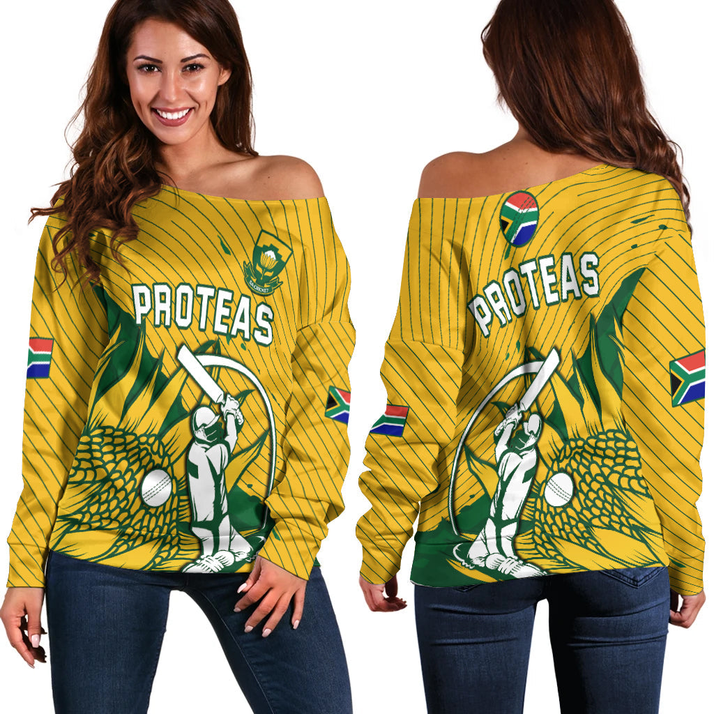Yellow off-shoulder sweater, Proteas cricket player graphic