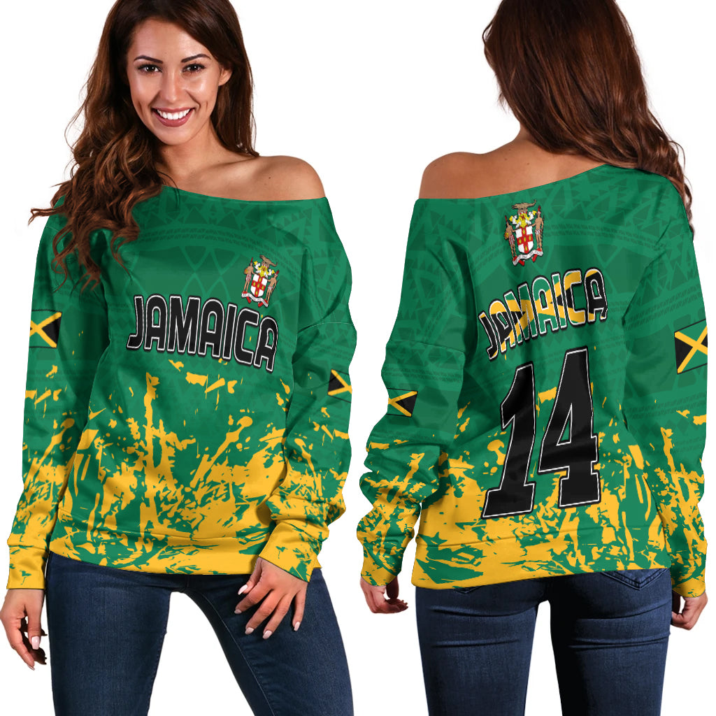 Green off-shoulder sweater with Jamaica flag graphic, number 14, women’s fit