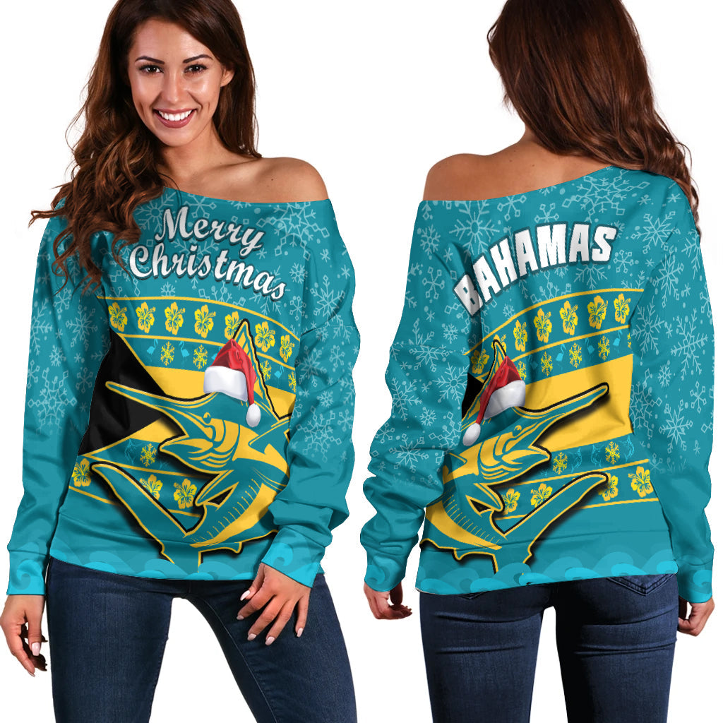 Bahamas Off Shoulder Sweater Bahamian Blue Marlin Merry Christmas - Wonder Print Shop