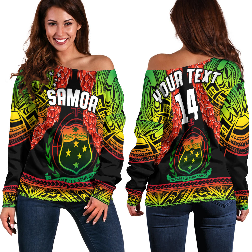 Custom Text And Number Samoa Rugby Off Shoulder Sweater Teuila Torch Ginger Gradient Style - Wonder Print Shop