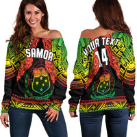 Off-shoulder rugby sweater, multicolor “SAMOA” front graphic with long sleeves