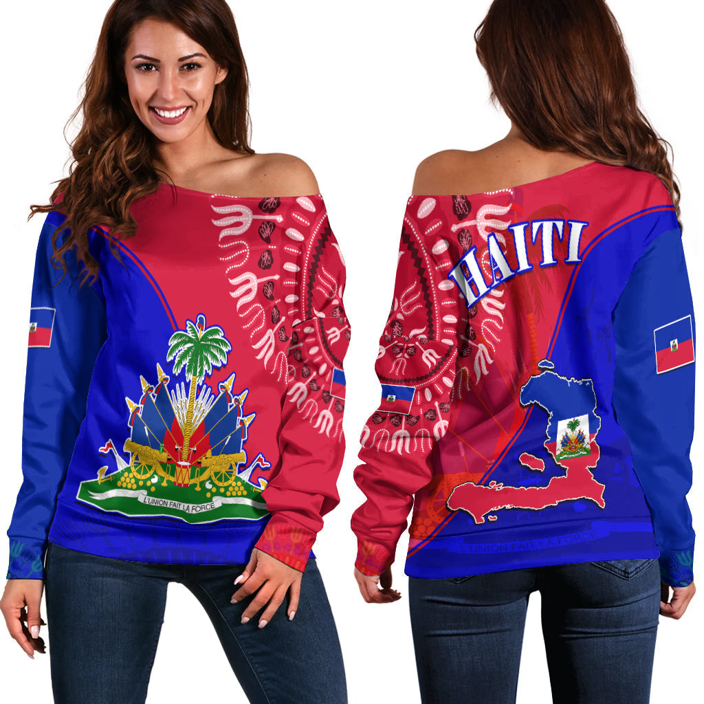 Off-shoulder sweater, red/blue with Haiti text and coat-of-arms graphic