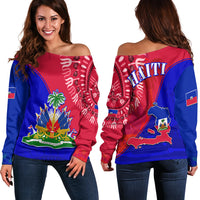 Off-shoulder sweater, red/blue with Haiti text and coat-of-arms graphic