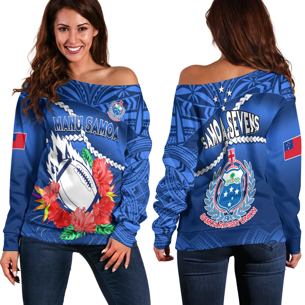 Samoa Rugby Off Shoulder Sweater Manu Samoa Polynesian Hibiscus Blue Style - Wonder Print Shop