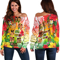 Off-shoulder sweater with colorful tropical flower and Polynesian graphic print, long sleeves