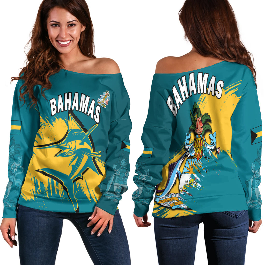 Bahamas Off Shoulder Sweater Blue Marlin With Bahamian Coat Of Arms - Wonder Print Shop