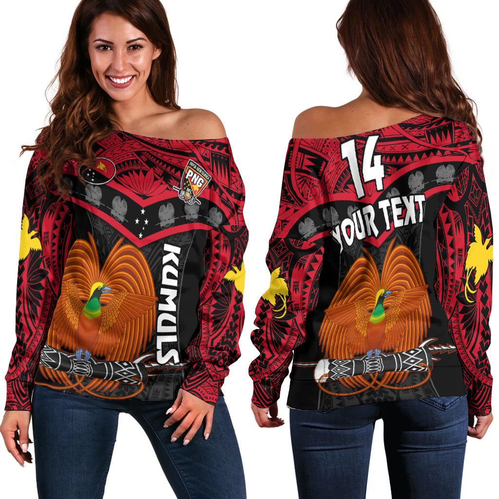 Women's off-shoulder rugby sweater, red/black with '14' and 'YOUR TEXT' front graphic