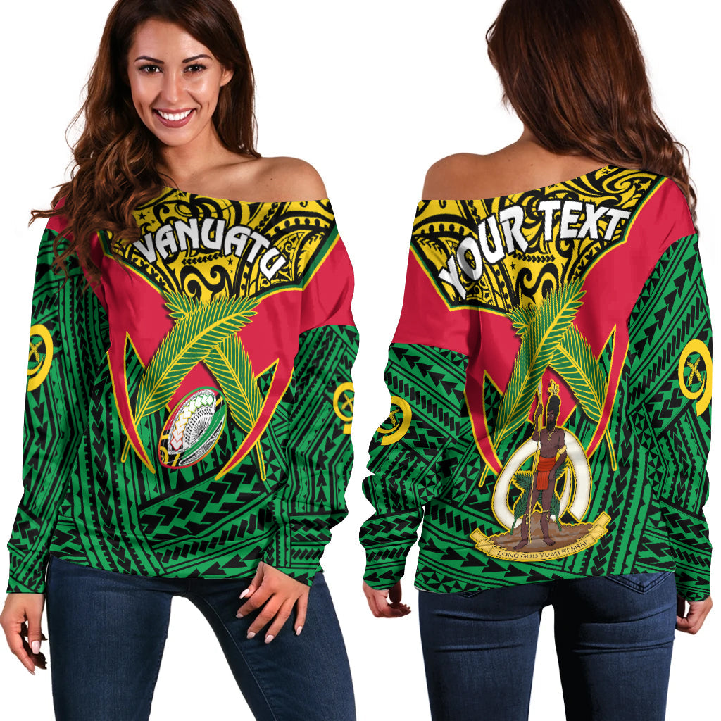 Custom Personalised Vanuatu Rugby Off Shoulder Sweater Coat Of Arms Polynesian Pattern - Wonder Print Shop