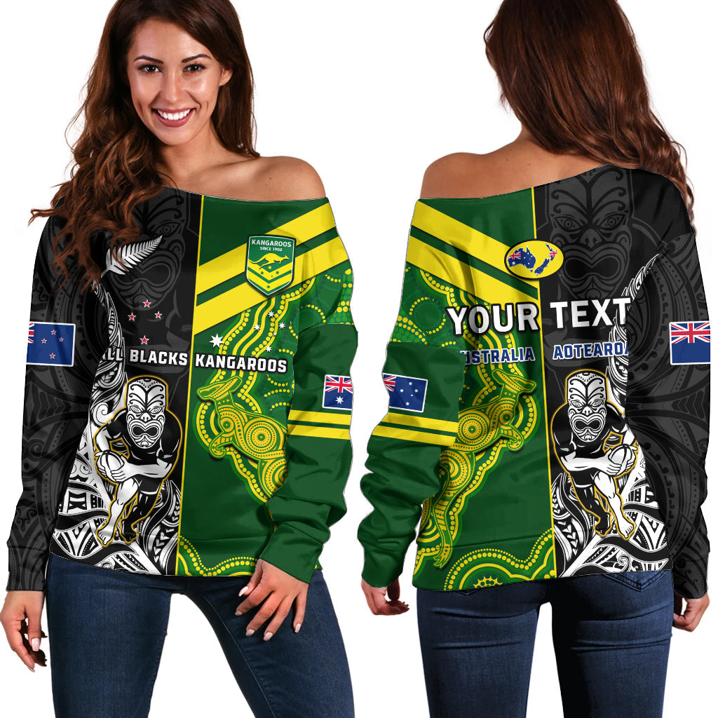 (Custom Personalised) Australia Kangaroos And All Black Rugby Off Shoulder Sweater Aboriginal Mix NZ Maori Fern - Wonder Print Shop