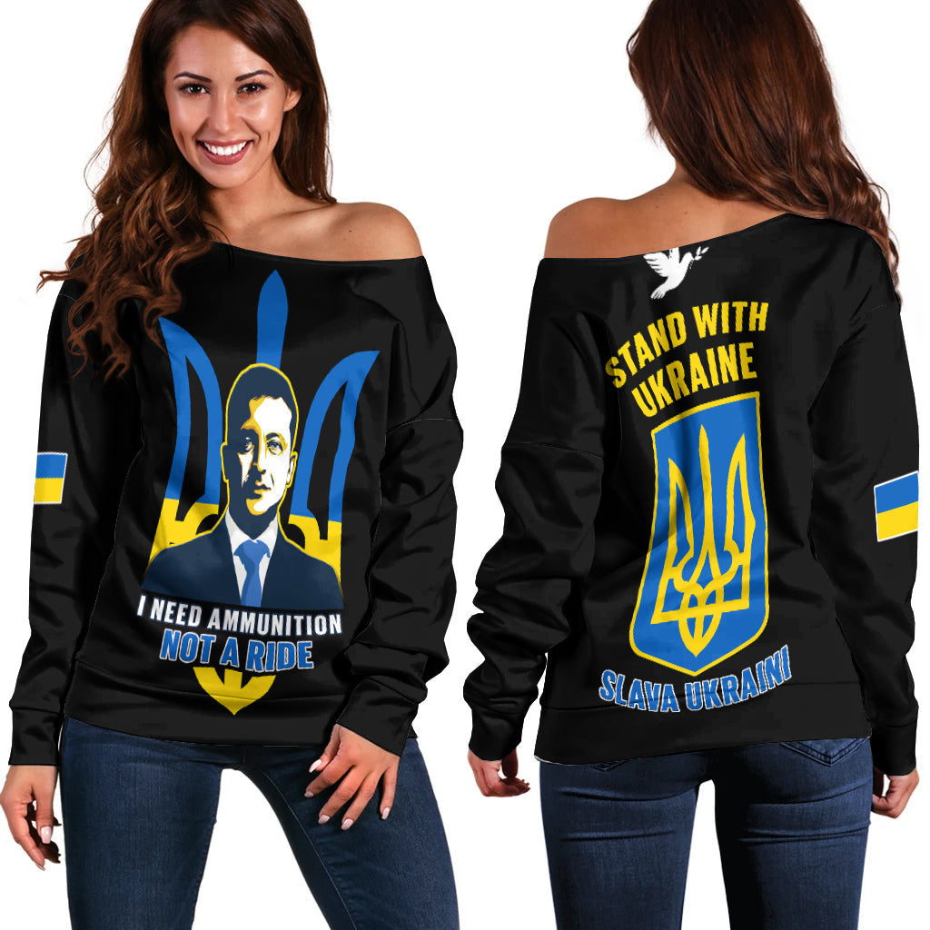 Ukraine Off Shoulder Sweater Ukraine Gold Trident Slava Ukraini Black - Wonder Print Shop