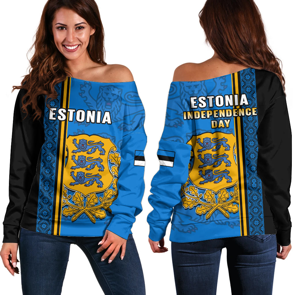 Estonia Off Shoulder Sweater Happy Estonian Independence Day With Coat Of Arms - Wonder Print Shop