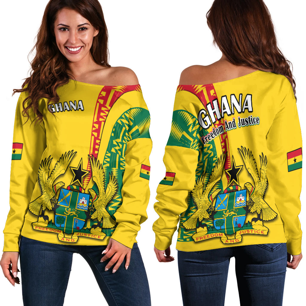 Ghana Off Shoulder Sweater Ghanan Coat Of Arms Mix Kente Pattern - Wonder Print Shop