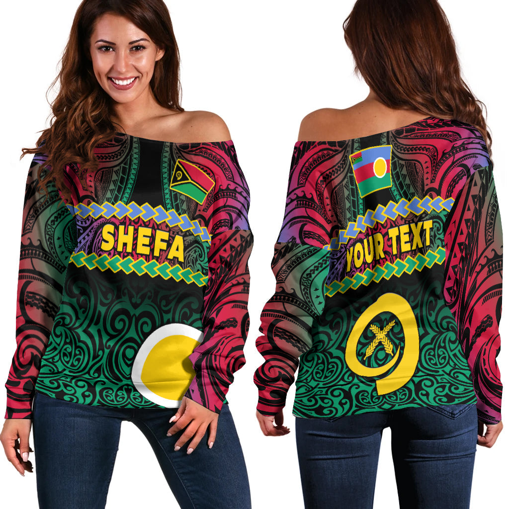 Custom Personalised Shefa Province Off Shoulder Sweater Vanuatu Pig Tusk Polynesian Flag Style - Wonder Print Shop