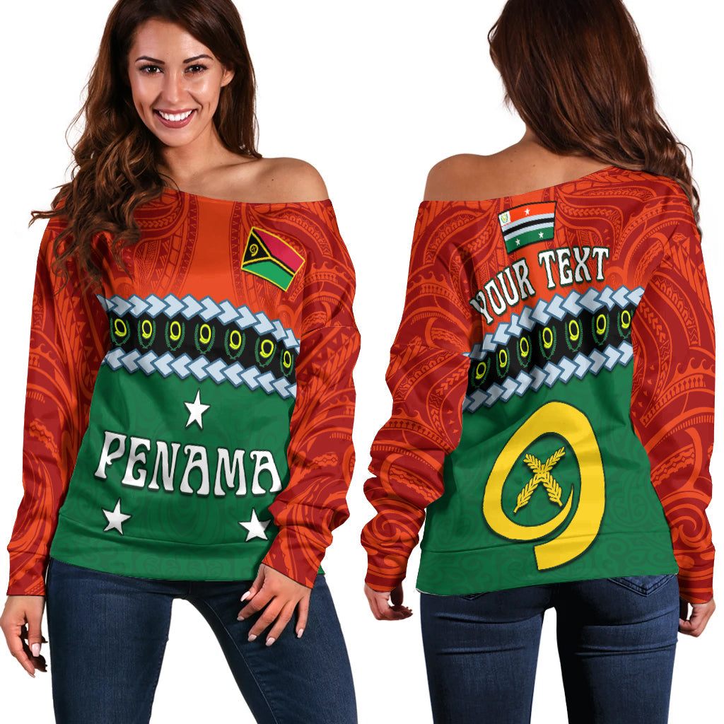 Custom Personalised Penama Province Off Shoulder Sweater Vanuatu Pig Tusk Polynesian Flag Style - Wonder Print Shop