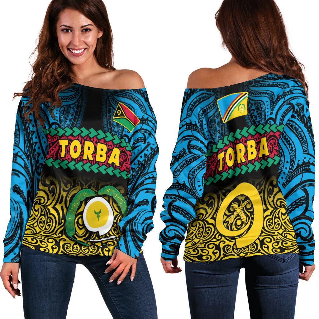 Women's off-shoulder sweater with blue tribal print and TORBA graphic