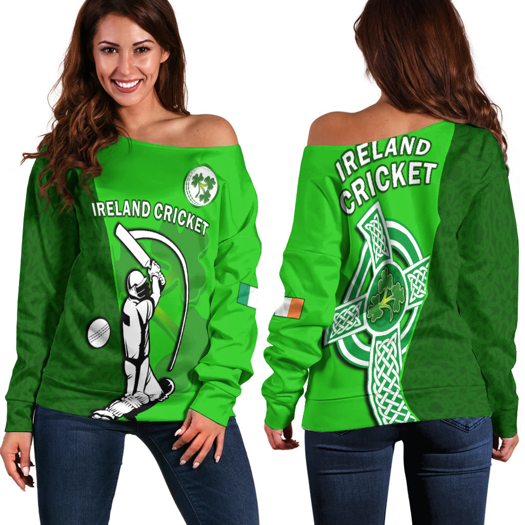 Ireland Cricket Off Shoulder Sweater Irish Flag Celtic Cross Sporty Style - Wonder Print Shop