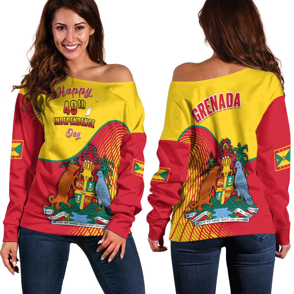 Grenada Off Shoulder Sweater Coat Of Arms Happy 49th Independence Day - Wonder Print Shop